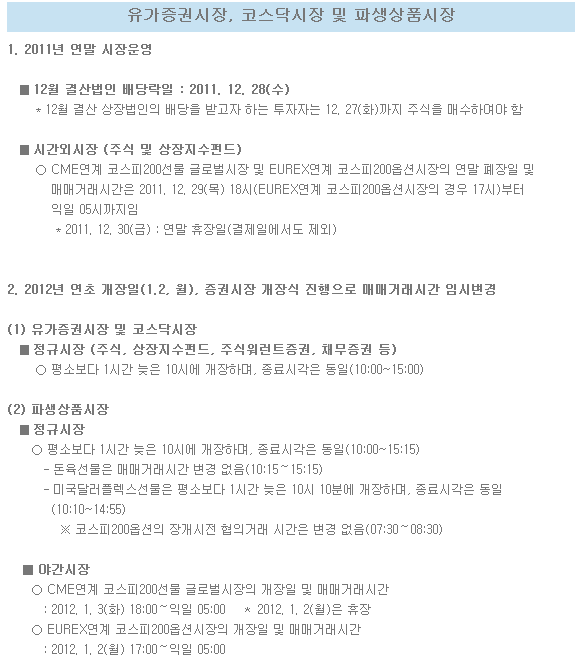 유가증권시장, 코스닥시장 및 파생상품시장