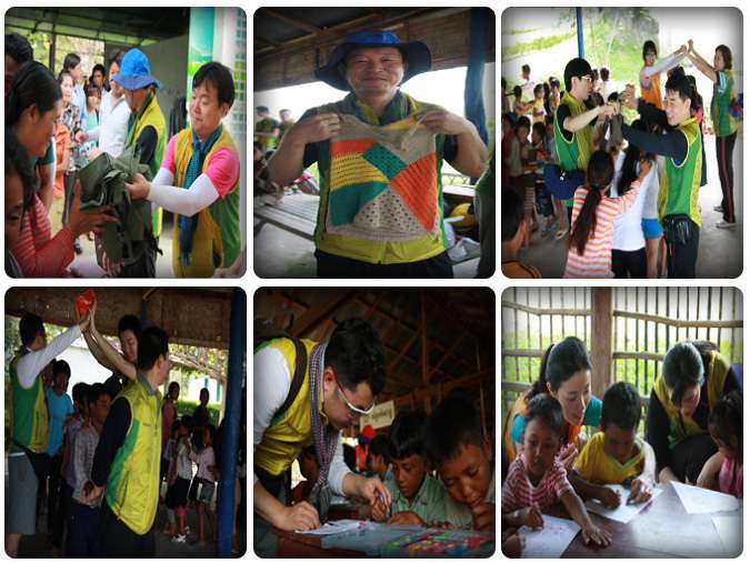 임직원으로부터 기증받은 헌옷 13상자를 주민들에게 나누어주고, 아이들과 놀이 프로그램을 함께 하는 모습