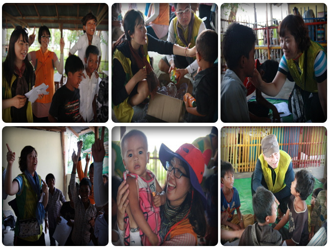 아이들과 게임을 하며 즐거운 시간을 보낸 봉사단원들의 모습