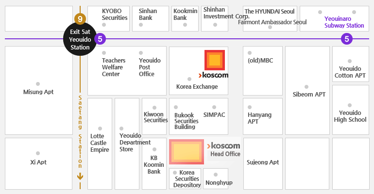 Koscom is located Exit 5 of Yeouido Station on Line 5/9 and go straight to the location next to Yeouido Post Office.
