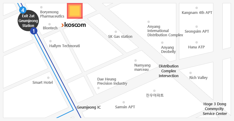 Koscom Anyang Center - Building next to Biontech, Exit 2 of Geumjeong Station, Line 4,1